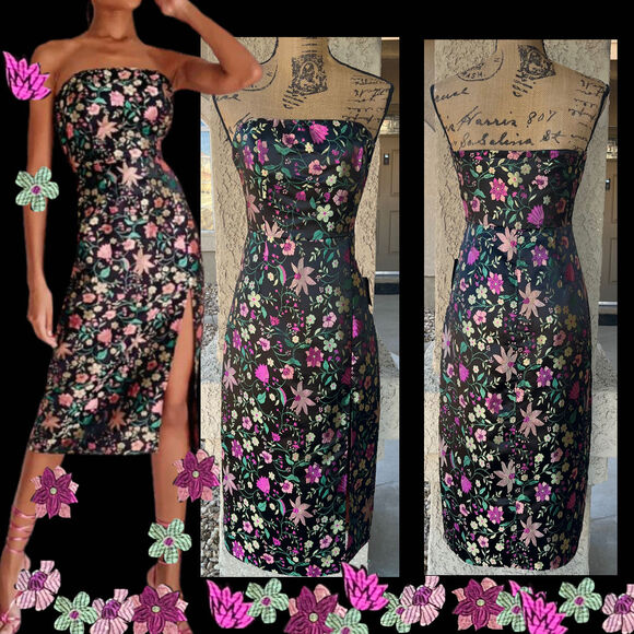 Lulus Make a Move Black Satin Floral Jacquard Strapless Midi Dress Size L - Picture 1 of 13